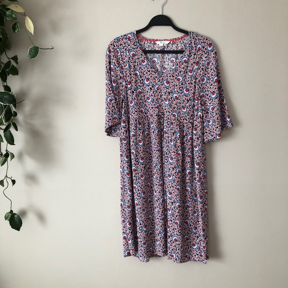 Boden floral print bell sleeve tunic dress with pockets blue red 2 petite